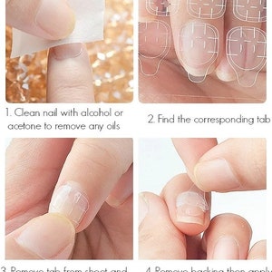 May include: A four-step instructional guide for applying adhesive nail tabs. The steps include cleaning the nail with alcohol, selecting the correct tab size from a clear sheet, placing the tab onto the nail, and removing the backing to apply a false nail.