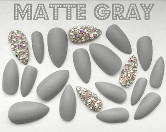 Matte Gray Custom Fake Nails W/ Crystal Accents Personalize Your Style with Handmade Press-Ons Chic Fashionable Nail Art Designs