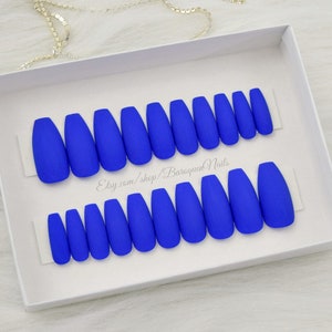 Cobalt Royal Blue Press-On Nails for All Occasions Matte Finish Gel Manicure High-Quality Fake Nails for Stunning Look Blue Colored Acrylic image 6