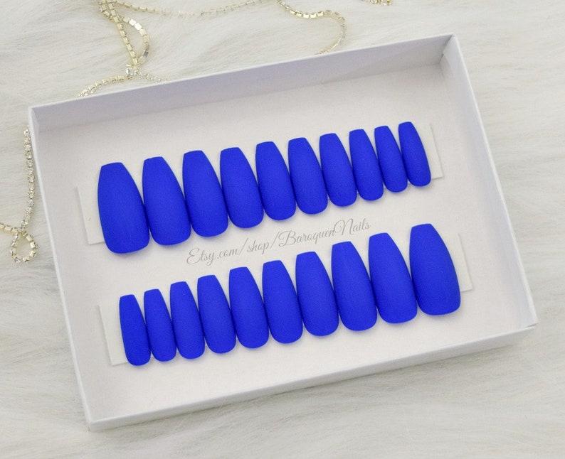 Cobalt Royal Blue Press-On Nails for All Occasions Matte Finish Gel Manicure High-Quality Fake Nails for Stunning Look Blue Colored Acrylic image 6