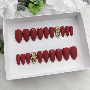 Matte Burgundy Wine Press On Nails Red Maroon Nail Set Gold Diamond Ring Fake Nails Stick On Nails Glue On Nails GEL Nail Tips hot VELVET image 1