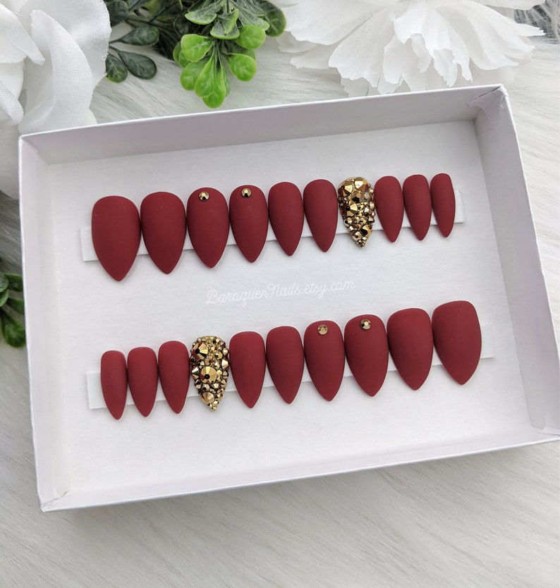 Matte Burgundy Wine Press On Nails Red Maroon Nail Set Gold Diamond Ring Fake Nails Stick On Nails Glue On Nails GEL Nail Tips hot VELVET image 1