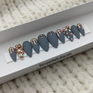 Matte Gray Press On Nails: Rose Gold Chrome Drip Nail Art, Reusable Luxe Manicure