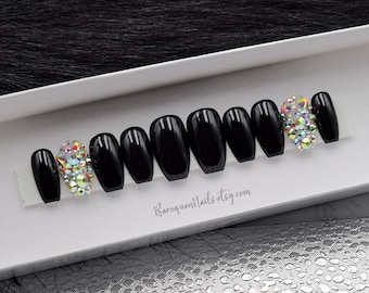 Onyx Black Gel Press On Nails with Crystal Rhinestones Custom Nail Set in any Shape & Finish