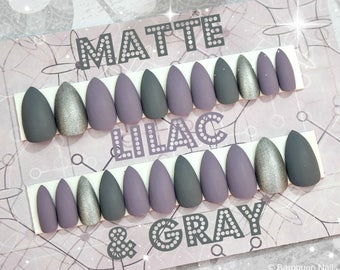 Matte Lilac & Gray Press On Nails, Metallic Grey Nails, Custom Fake Nails, False Nails, Acrylic Nails, Glue On Nails, Artificial Nails