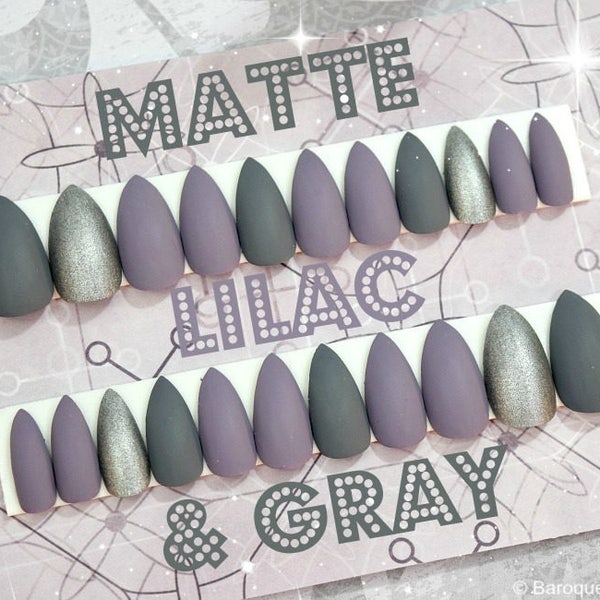 Vernis à presser lilas et gris mats, Ongles gris métallisés, Faux ongles personnalisés, Faux ongles, Ongles en acrylique, Colle sur les ongles, Artificiels