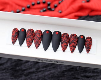 Black Lace Red Fake Nails Press On Nails Glam Goth Glue On Nails, DIY Gel Manicure, Matte Black Stiletto Nails Vampire • VIXEN