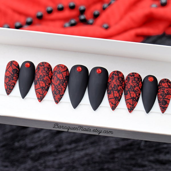 Black Lace Red Fake Nails Press On Nails Glam Goth Glue On Nails, DIY Gel Manicure, Matte Black Stiletto Nails Vampire • VIXEN