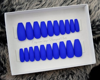 Matte Royal Blue Press On Nails, Gel Coffin Nails