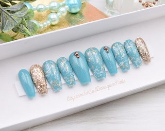 Nail Art effet marbré vert jade Faux ongles turquoise et or | Application facile par pression sur les ongles | Colle personnalisée manucure longue durée sur les ongles