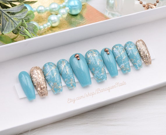 Jade Stone Press on Nails Teal & Gold Marble Nails Effect - Etsy