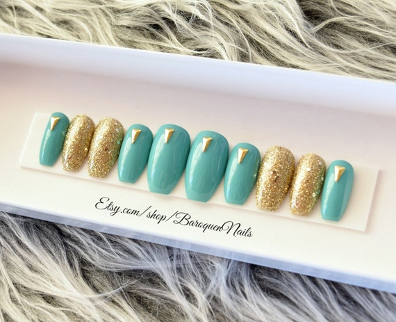 Jasmine Teal Nails Set Gold Glitter Press on Nails - Etsy
