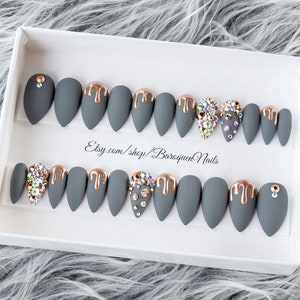 Matte Gray Nails Dripping Chrome Press On Nails Rose Gold Drip Nail Art Reusable Glue On Nails Acrylic Gel Nails Luxe Fake Nails image 1