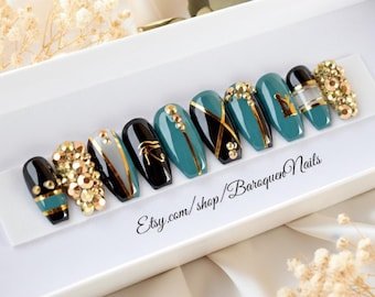 Egyptian Press On Nails Black Teal Gold Rhinestone Eye of Horus Ankh Cleopatra Alt Nail Art Reusable Hand Painted Glue On Sets