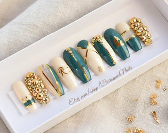 Custom Gel Press On Nails Luxury Egyptian Theme With Ivory Teal And Gold Accents