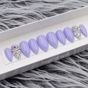 Lilac Lavender Nail Set, Handmade Customizable Press On Nails With Sparkling Gemstones Coffin and Almond Shapes Pastel Purple Gel • MOONDUST