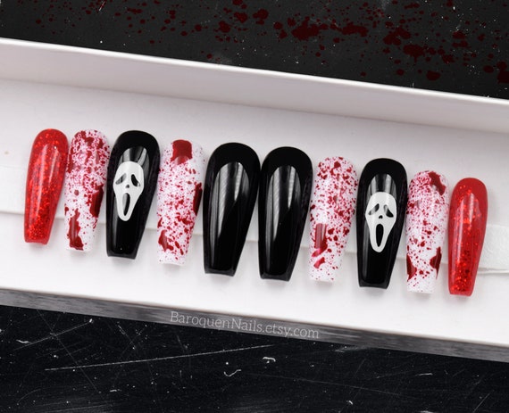 Scream Ghostface Nails Blood Spray Black Press on Nails - Etsy