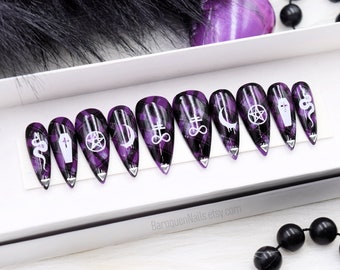 Witchy Gothic Purple Press On Nails Satanic Sigils Fake Nails Plaid False Nails Alternative Style Snake Coffin Pentagram Moon • RAGE