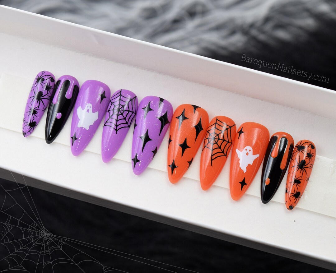 Spooky Cute Halloween Press on Nails Fall Nails Half Orange & - Etsy