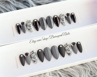 Gray and Black Lace Press On Nails with 3d Roses and Gems Dark Formal Nails