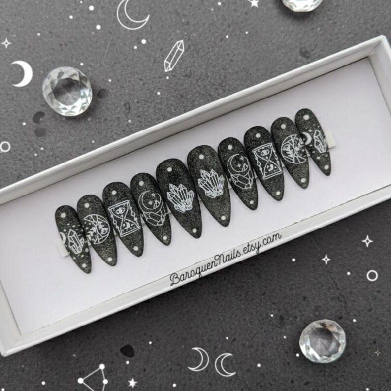 Black Magic Press On Nails Gothic Tarot Nail Art with Reflective Crystal Top Coat Custom Gel Nail Set image 4