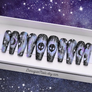 Holographic Black Press On Nails with Hand Painted Alien Moon & Stars Celestial Outer Space Gel Nail Art Cosmic Twinkle Galaxy Fake Nails