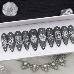 Black Magic Press On Nails Gothic Tarot Nail Art with Reflective Crystal Top Coat Custom Gel Nail Set image 7
