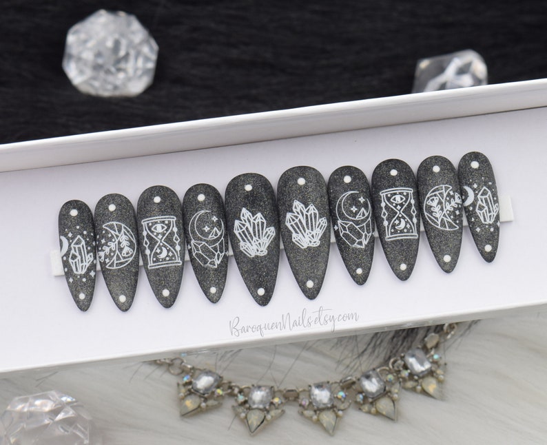 Black Magic Press On Nails Gothic Tarot Nail Art with Reflective Crystal Top Coat Custom Gel Nail Set image 7