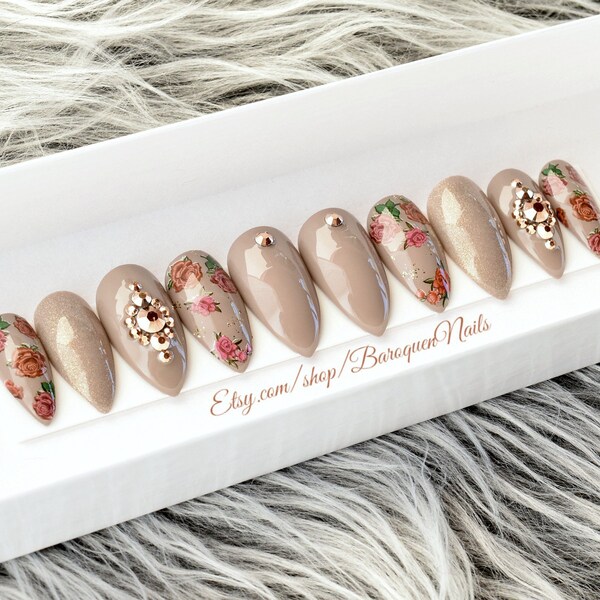 Vintage Rose Press-On Nails Floral Motif Nail Art Glamorous Glittery Glue-On Nail Set - Custom Nude Taupe Gel 50's Pinup Style Manicure
