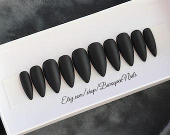 Matte Black Press On Nails, Minimalist Dark Goth Set, Reusable Long Lasting Gel Nail Set