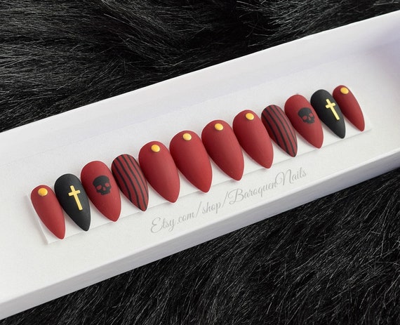 Dark Red Press On Nails Black Witch Nails Maroon Fake Nails Etsy