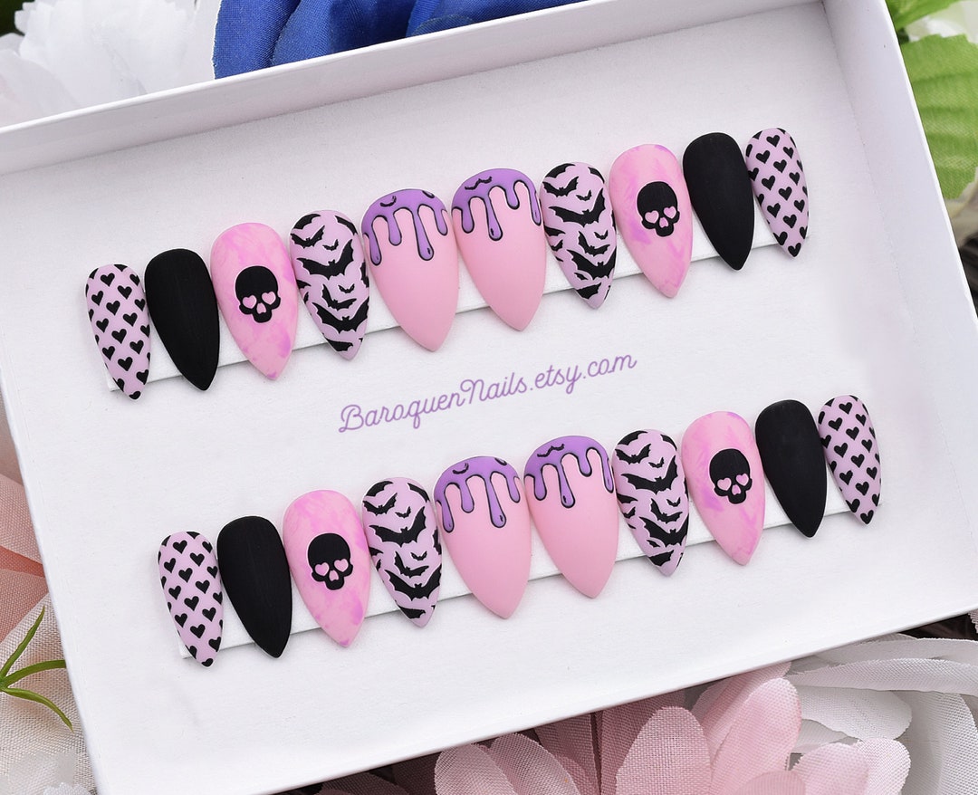 Creepy Cute Pastel Goth Press on Nails, Kawaii Nail Art, Pink Purple Fake Nails False Nails, Skull Heart Eyes, Glue on Gel Nails • Bubblegum - Etsy Japan