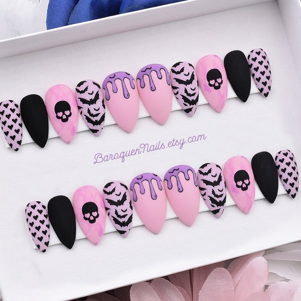 Creepy Cute Pastel Goth Press On Nails, Kawaii Nail Art, Pink Purple Fake Nails False Nails, Skull Heart Eyes, Glue On Gel Nails • Bubblegum