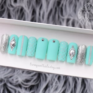 BaroquenNails Designer Press On Nails Aquamarine Turquoise Fake Nails with Silver Accents Nail Art Turquoise Fake Nails Color Gel Nail Set