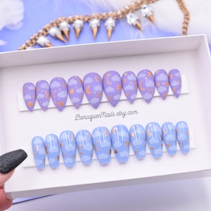 Custom Made Celestial Cloud Press On Nails With Rose Gold Star And Moon Art