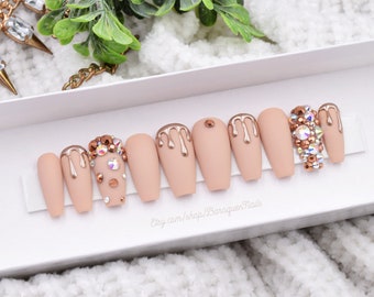 Rose Gold Drip Press On Nails: Neutral Tan Matte with Gems