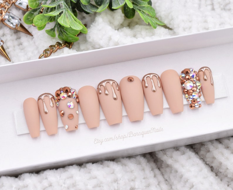 Hunny • Rose Gold Chrome Drip Nails, Matte Nude Press On Nails, Crystal Accent Nail Art, Glue On Nails, Fake Nails, Gel False Nails Mani 