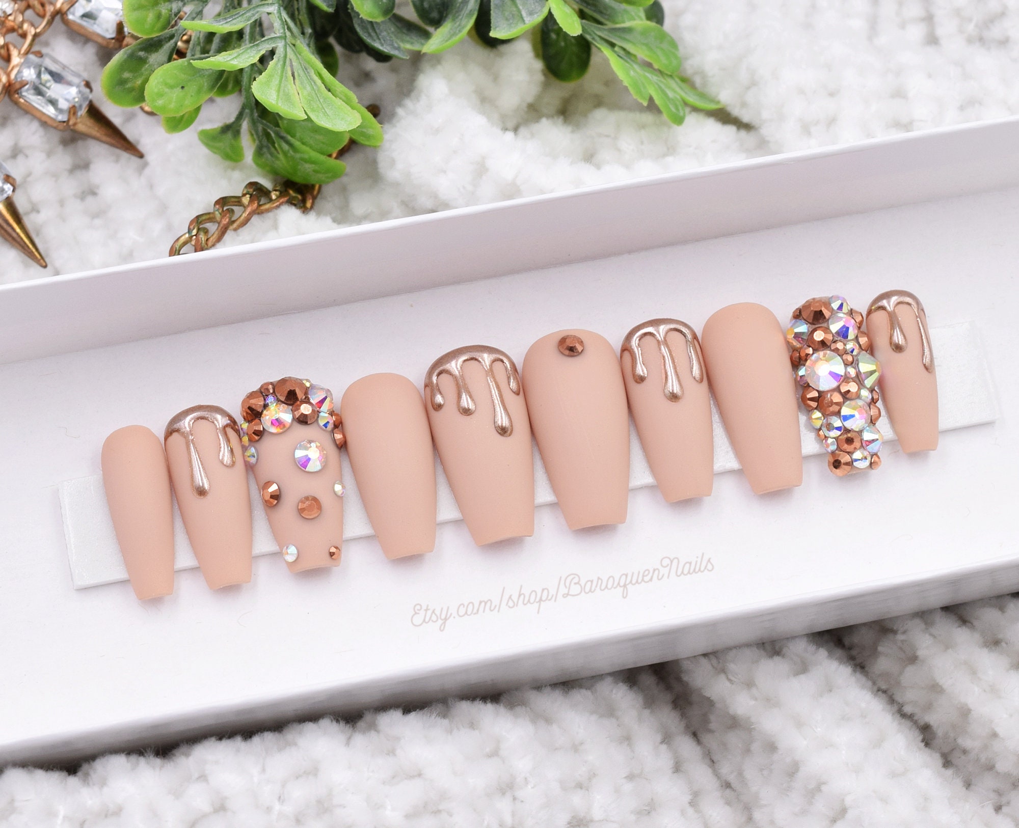 Rose Gold Drips Press On Nails With Rhinestones And Chrome - Lilium Nails