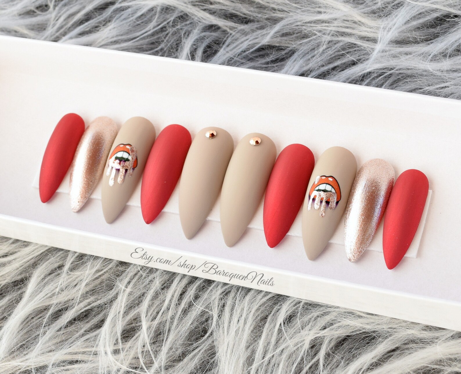 Metallic Red Dripping Lips Nails Melting Gold Chrome Press Etsy