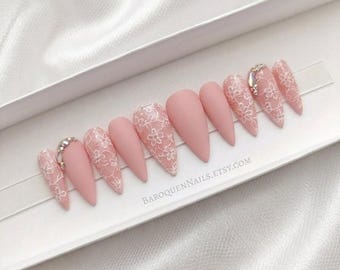 Handmade Pink And White Lace Press On Nails With Crystal Accents Custom Wedding Manicure