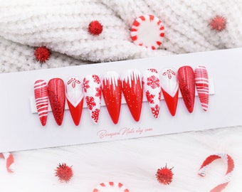 Candy Cane Christmas Nails Red Snowflakes Press On Nails White Snow Sprinkle Nails Santa Fake Nails Xmas Presents Perfect Stocking Stuffer