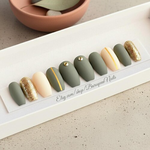 Handmade Olive Green Press On Nails Custom Ivory Gold Accent Minimalist Gel Manicure