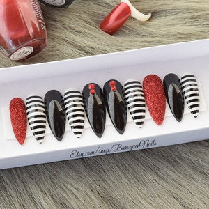 Red and Black Bewitching Press On Nails Halloween Glue-On Gel Nails for Spooky Glam Nights No Tricks Just Treats Coffin & Stiletto Shapes