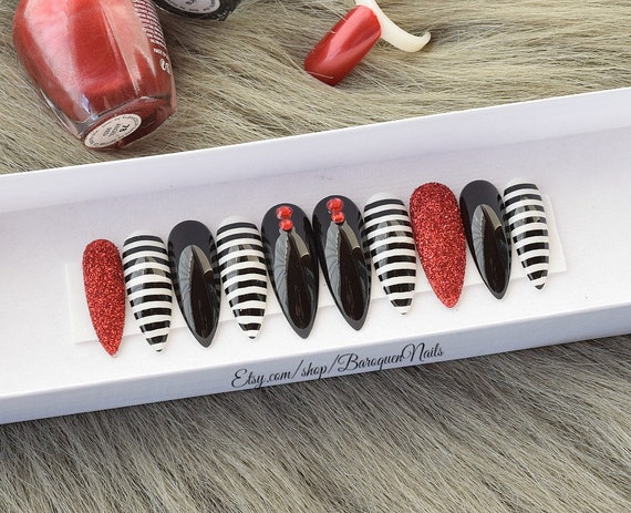 Wicked Halloween Nails Red Glitter Black White Press On Etsy