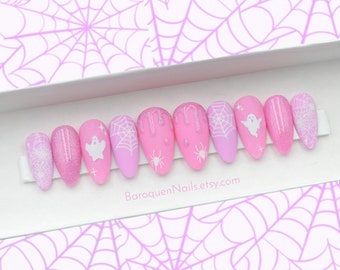 Pink Ghost Press On Nails Glitter Drip Spider Web Halloween Spooky Cute Gel Set