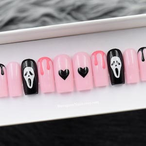 Pink Scream Nails Glam Press on Nails Drip Black Fake False - Etsy