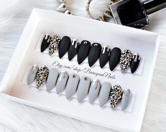 Silver Drip Matte Black Press On Nails With Crystal Gems Custom Gel Set