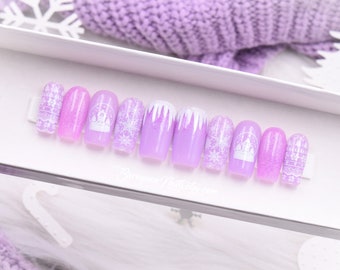 Purple Christmas Tree Nail Art Snow Globe Winter Press On Nails White Icicles Fake Nails Snowy False Nails Glue On Nails Lavender Glitter