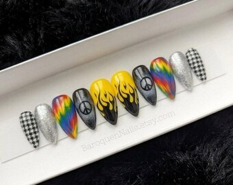 Y2K Mixed Media Press-On Nails Tie Dye Grunge Flame And Checker Maniküre