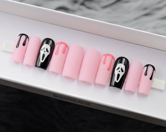 Pink Scream Press On Nails, Drip, Ghost Face Nail Art, Y2K Goth